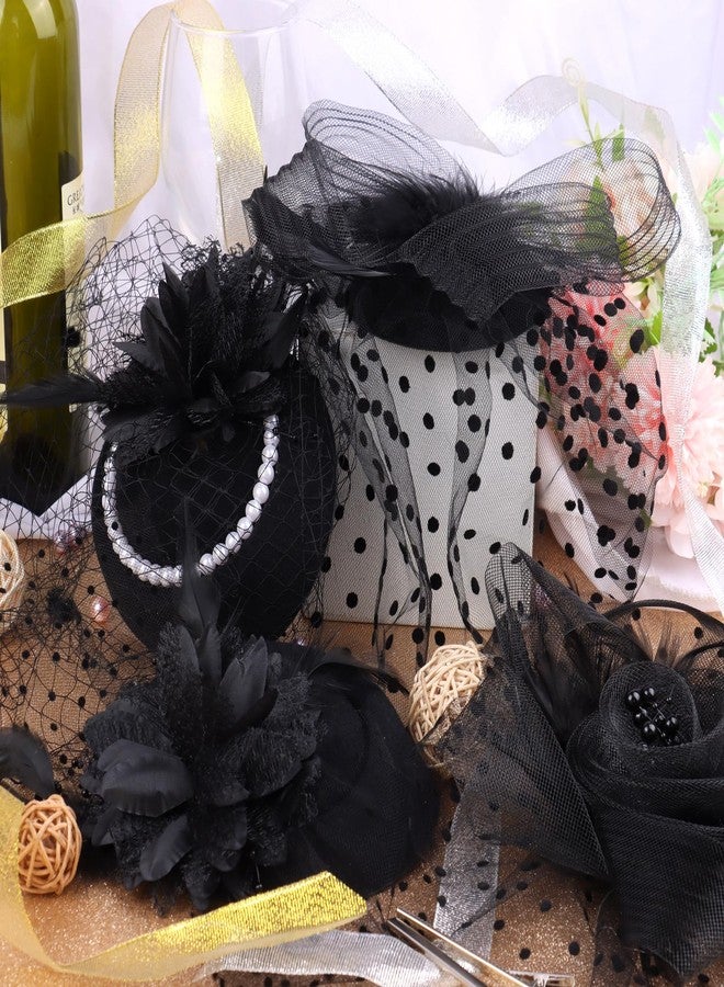 Youdaju 10 Sets Fascinator Hats Flower Mesh Feathers Headwear Black Funeral Veil Hats Hair Clips with 10 Pcs Hairbands for Girls and Women Tea Party Wedding Cocktail Formal Events Supplies - Image 4